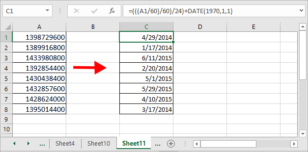 unix timestamp to date excel